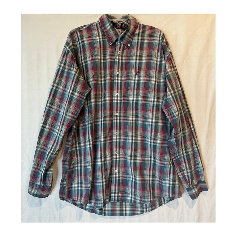 Men's Cinch long sleeve plaid button up shirt large western cowboy red blue